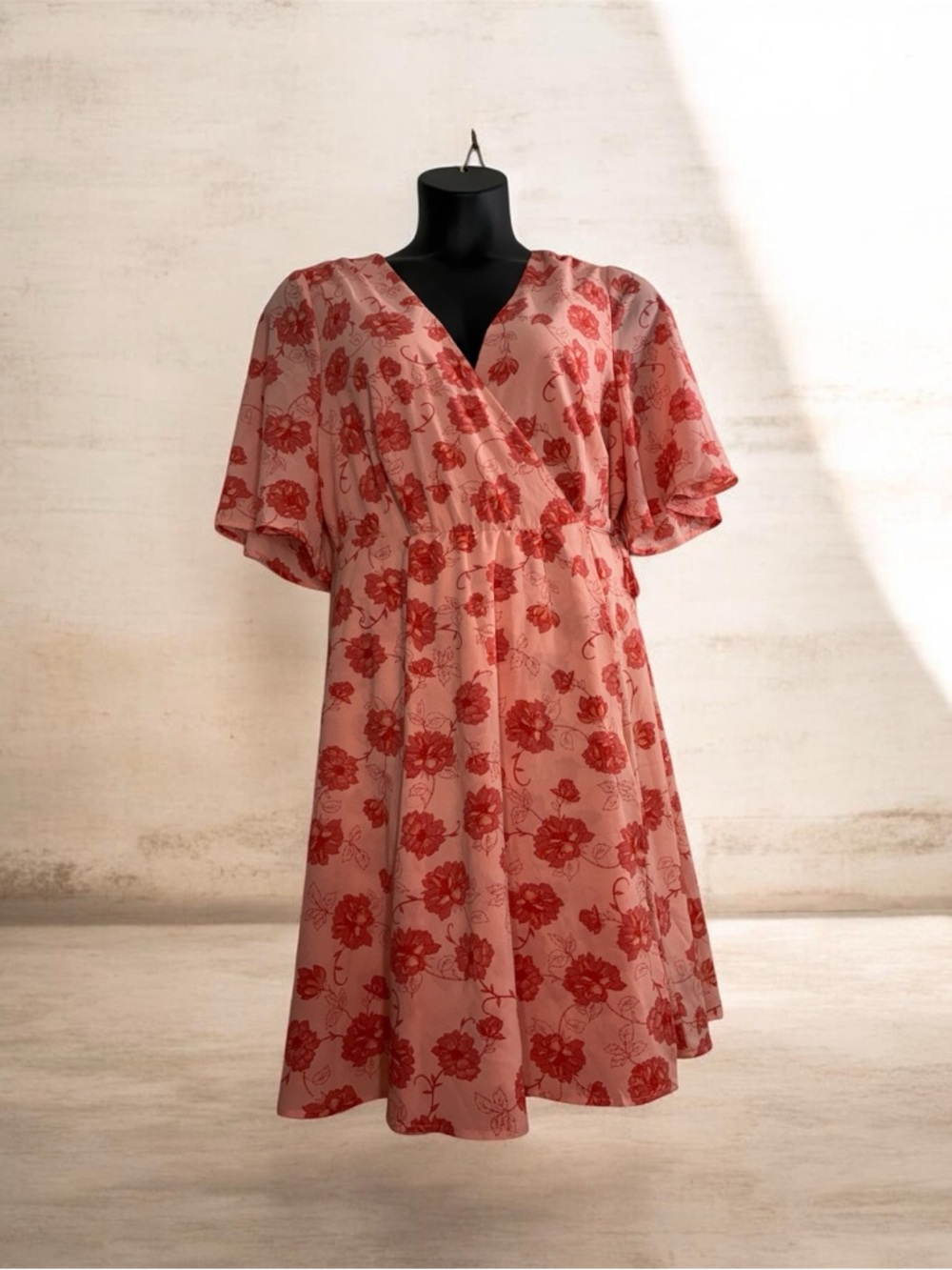 Torrid, Size 18 Pink Floral Faux Wrap  Dress, Short Sleeves, EUC